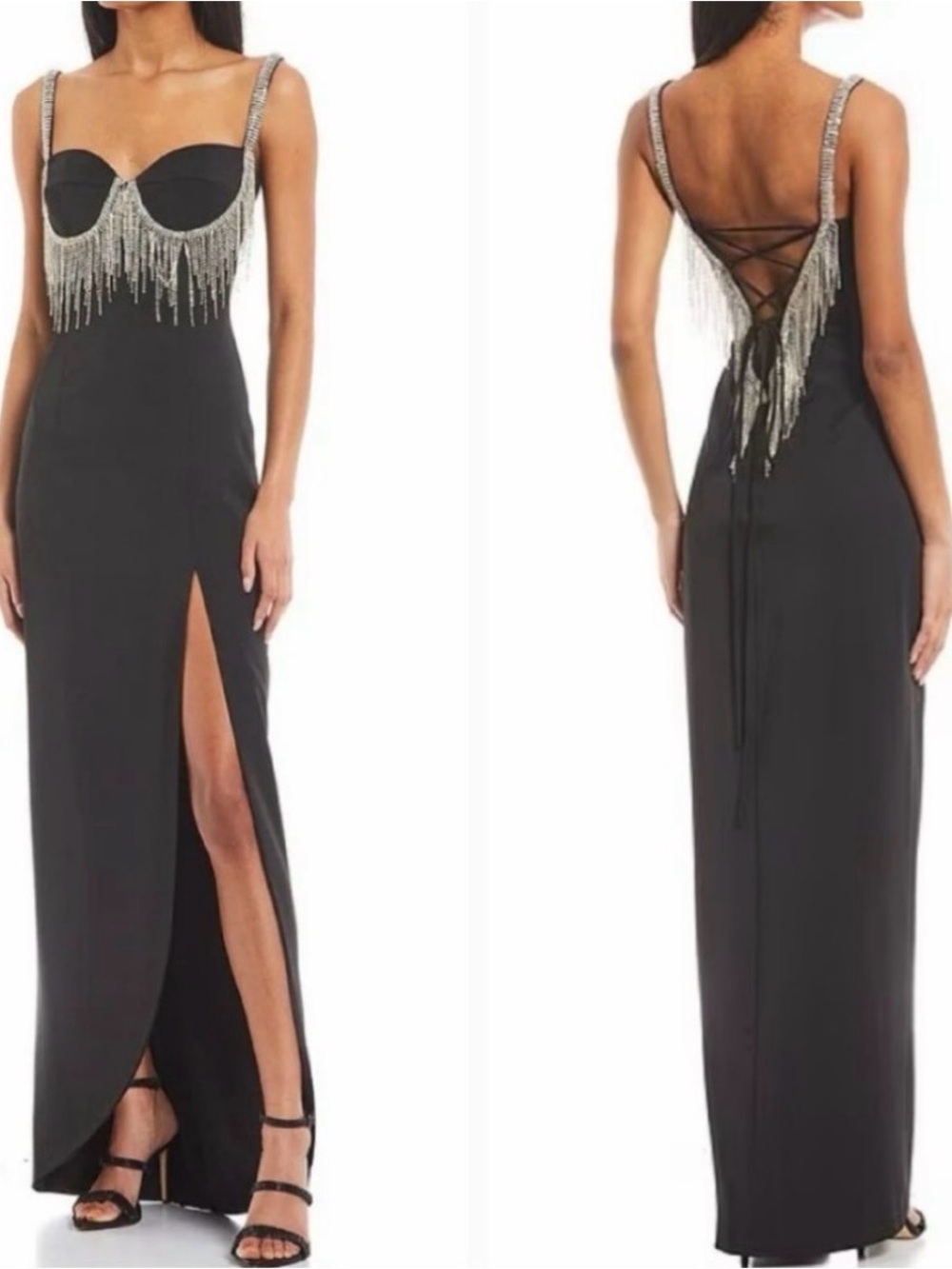 Gianni Bini Elegant Black Fringe-Trim Evening Gown